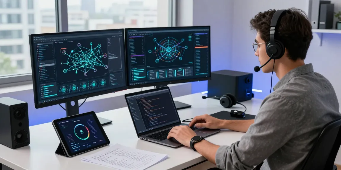 快连 network optimization workspace with dual monitors, modern tech gadgets, and city view