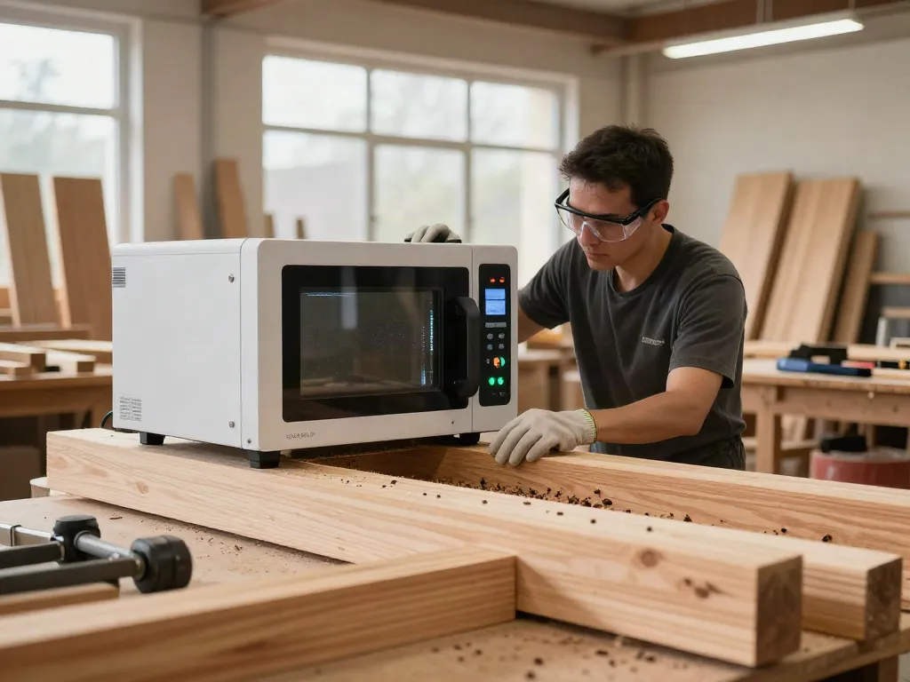 SHASHEL® technician using microwave device for rapid wood pest elimination.