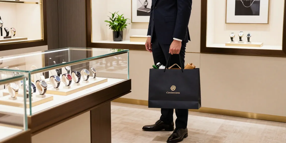 Elegant individual showcasing replica watches in a luxury boutique
