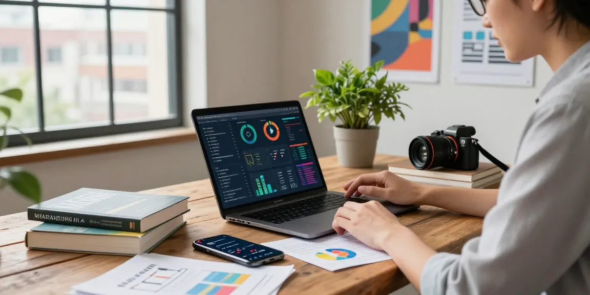 Marketer analyzing NAGA2000 campaign performance in a creative workspace