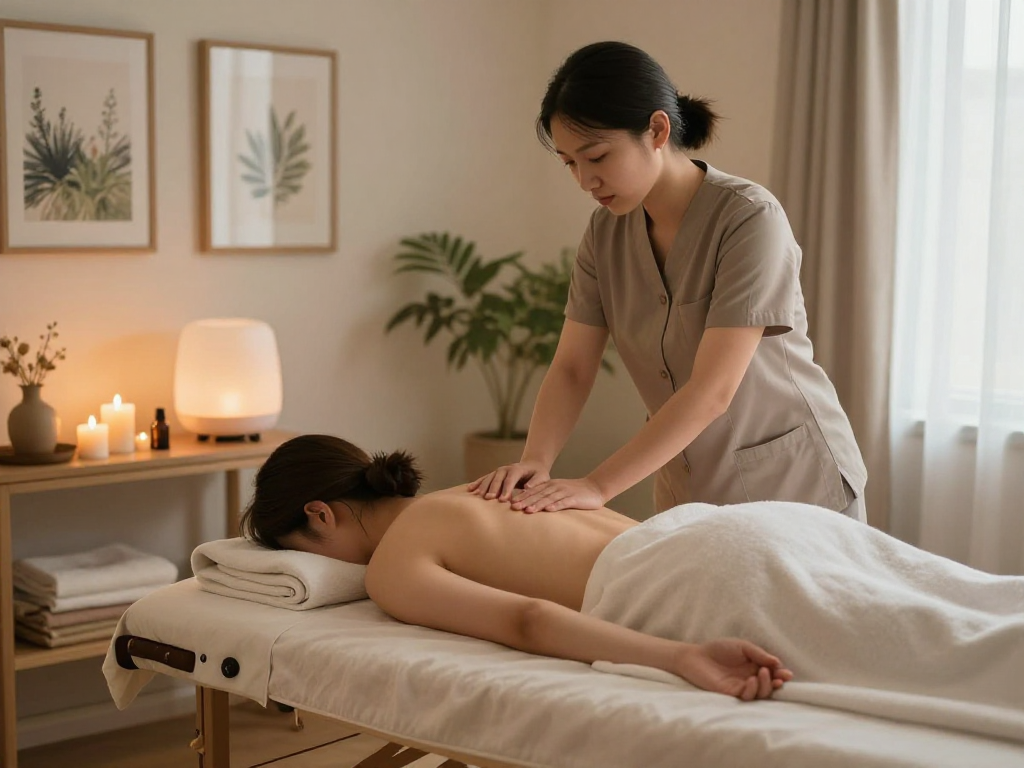 Offering 출장마사지 in a tranquil home setting with soft lighting and calming decor.