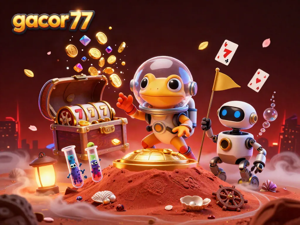 Gacor 77 mempersembahkan iklan detail tinggi dengan gecko 3D di kasino emas Mars