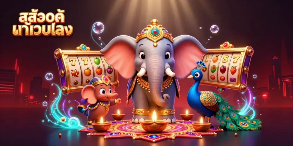 สัญลักษณ์สล็อตแท้เว็บตรงในภาพ 3D สุดอลังการที่มีช้างและนกยูง