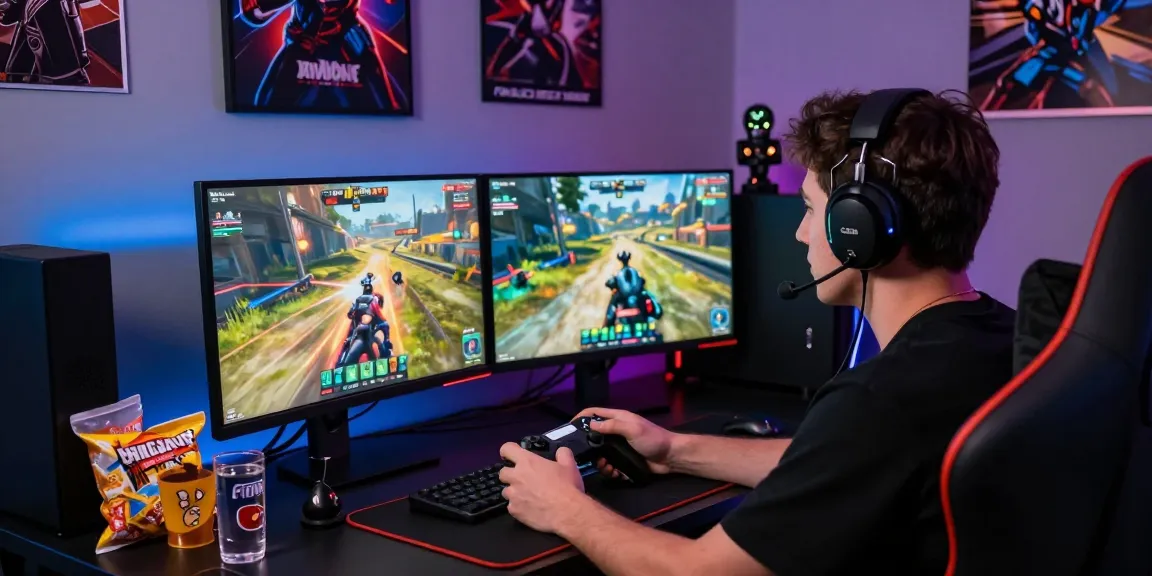 Player engaged in intense gaming session on dual monitors featuring daftar raja328 setup and RGB lighting.