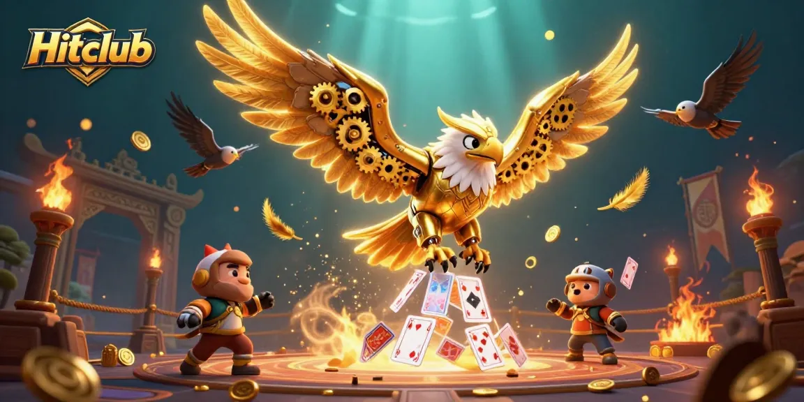 Hitclub's dynamic gaming scene with a golden eagle diving through playing cards, showcasing excitement and action.