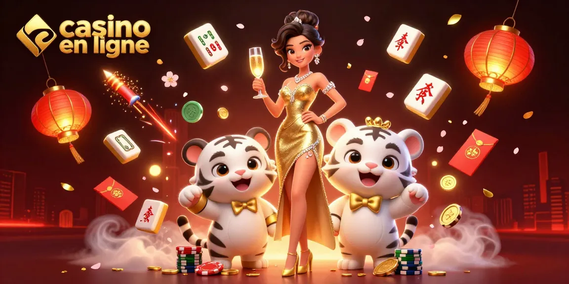Découvrez des jeux de casino en ligne passionnants avec notre illustration élégante mettant en vedette une femme glamour et un tigre porte-bonheur.