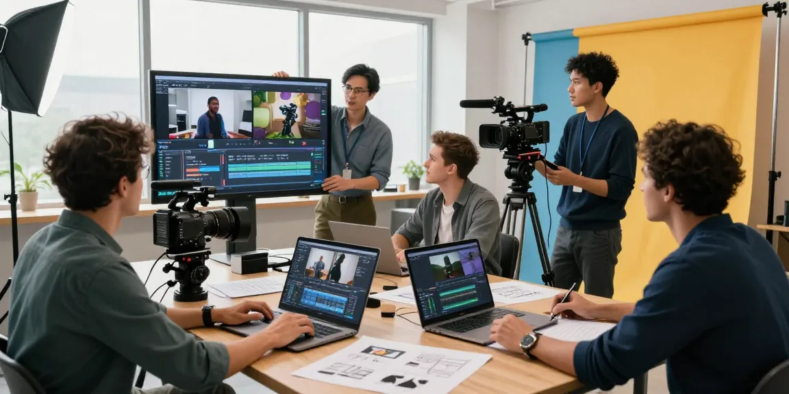 Corporate video production team in action, reviewing footage and brainstorming creative ideas.