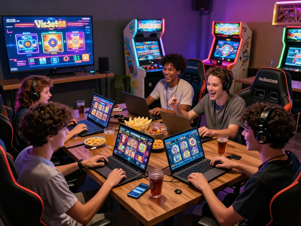 daftar toto 4d gaming community enjoying dynamic slot games in a vibrant lounge