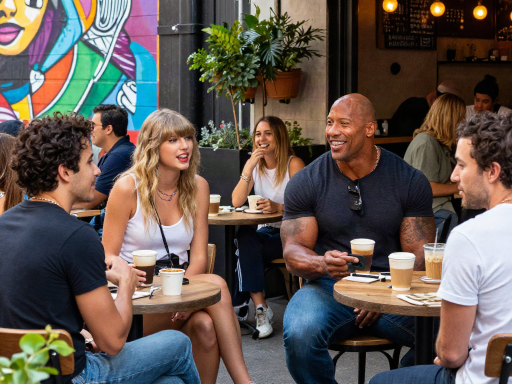 Look alikes of famous people enjoying coffee in an urban café setting, showcasing vibrant city life and style.