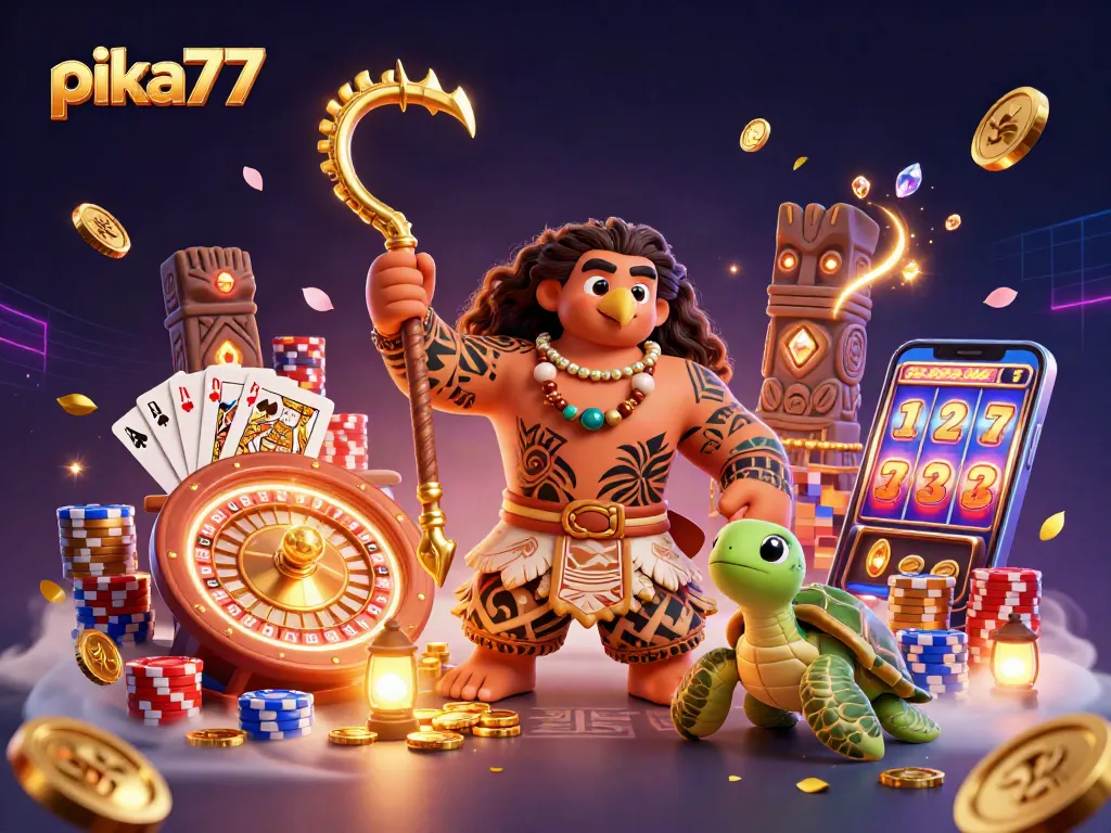 Experience the excitement of gaming with pika77's vibrant 3D casino illustration filled with shimmering elements.