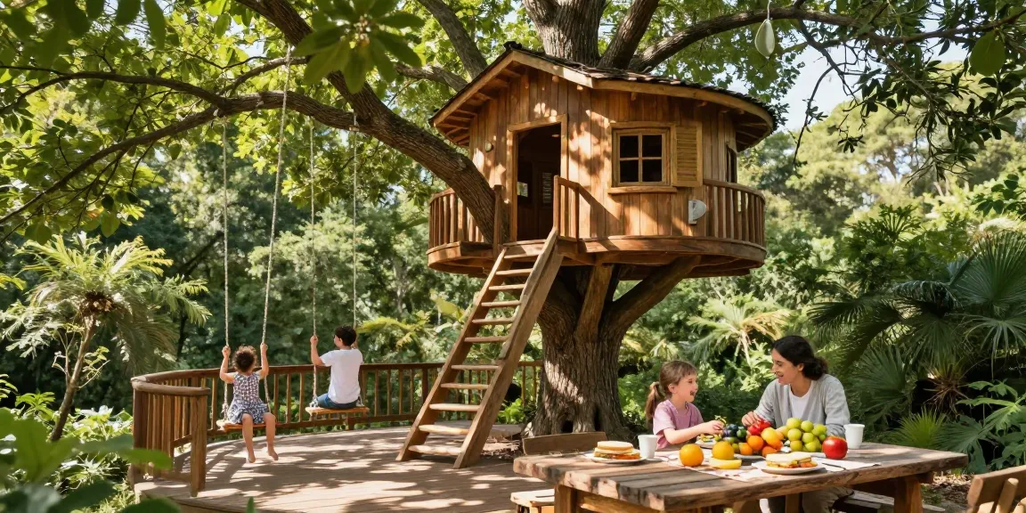Family enjoying tree house life in a lush woodland setting.