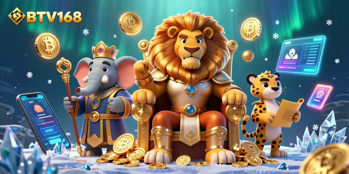BTV168 showcases an engaging 3D scene with a lion king, elephant advisor, and cheetah messenger in a crypto casino atmosphere.
