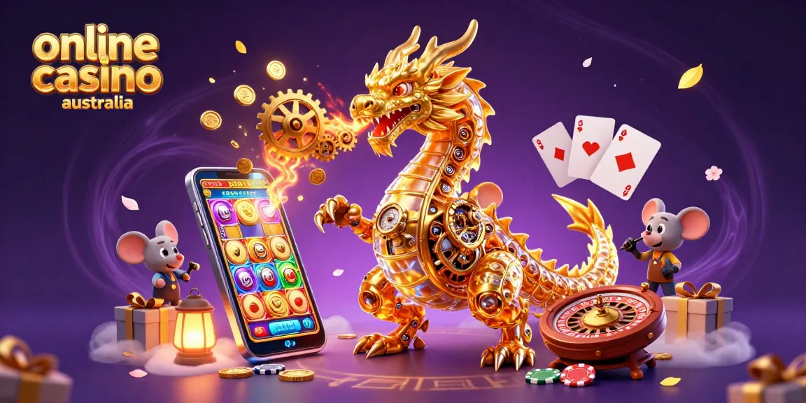 Experience the magic of an online casino Australia with a golden dragon and slot games in a vibrant scene.