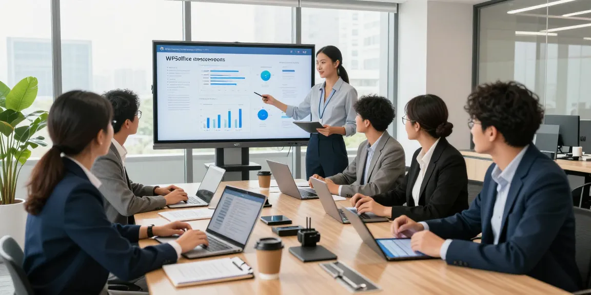 Professional team collaborating in a modern office using WPSoffice for enhanced productivity.