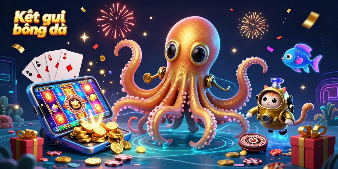 Experience Kết quả bóng đá excitement with a thrilling 3D scene of a kraken, diving cat, and vibrant gambling elements.