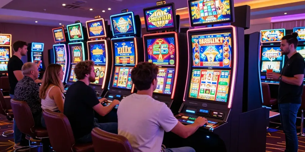 Exciting slots gaming area featuring players at vivid slot machines in a modern casino setting.