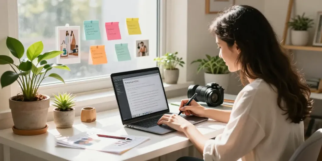 Etsy seller using AI tools to write product descriptions in a cozy home office.