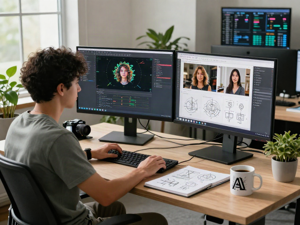 AI Detector workspace with a data scientist analyzing AI-generated images and algorithms.