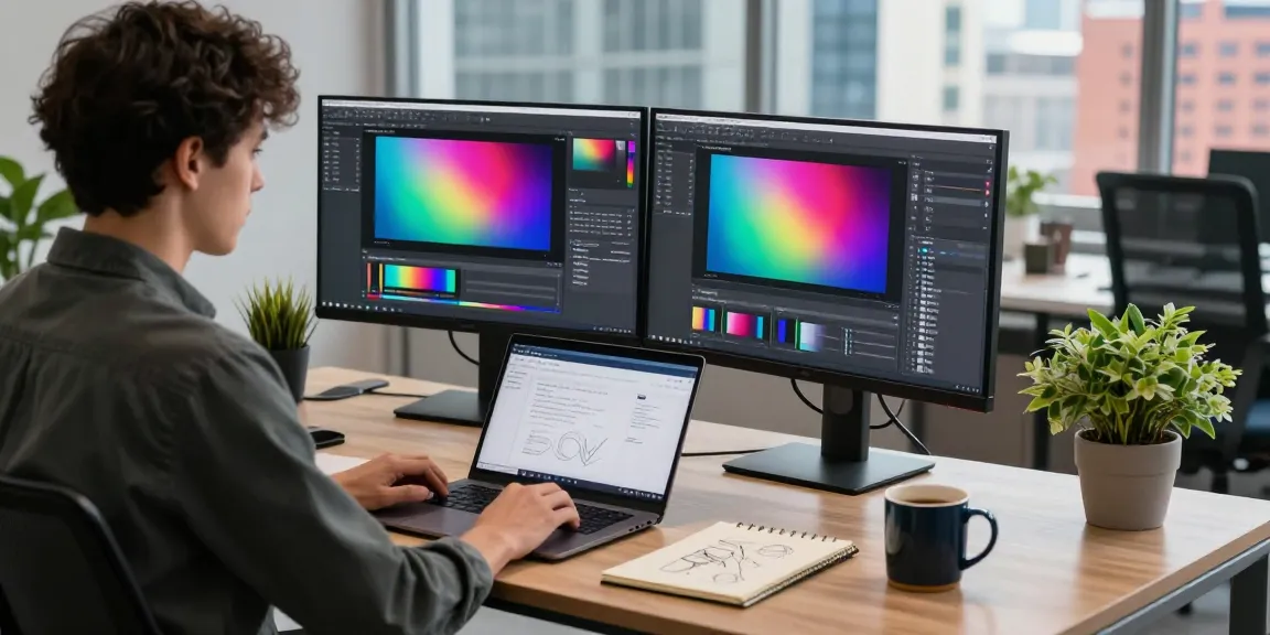 Efficient workspace showcasing Snipaste官网 with dual monitors for screenshot editing and design, inspiring modern office.