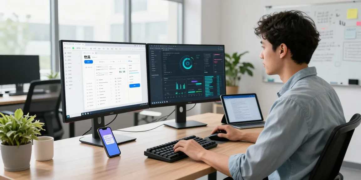 快连 application interface displayed on dual monitors in a modern tech workspace.