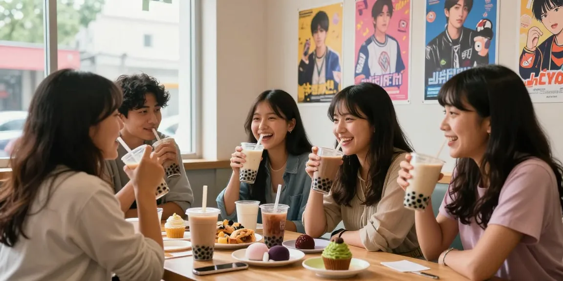 Friends exploring Asian pop culture at https://hanadultalk.com while enjoying tea and snacks in a cozy café.