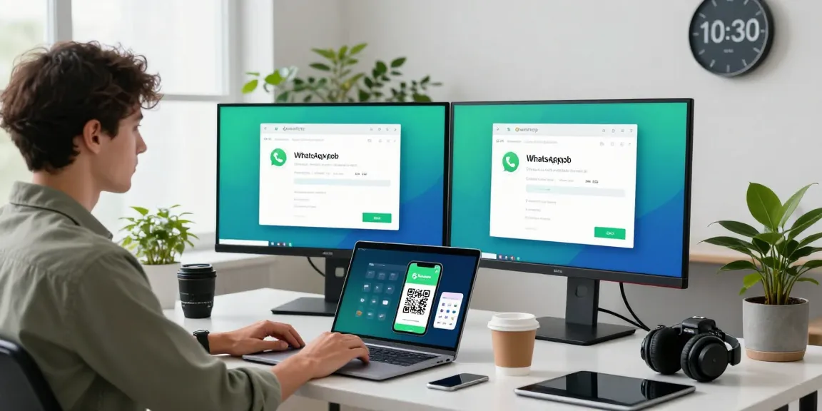 Using WhatsApp網頁版 on dual monitors in a modern workspace with a smartphone scanning QR code.