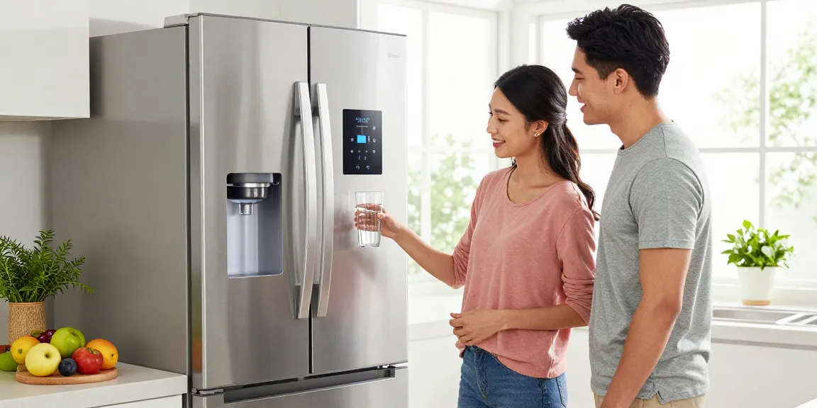 AQUA CREST XWF Refrigerator Water Filter in use by a happy couple filling glass with clean water in a bright kitchen.