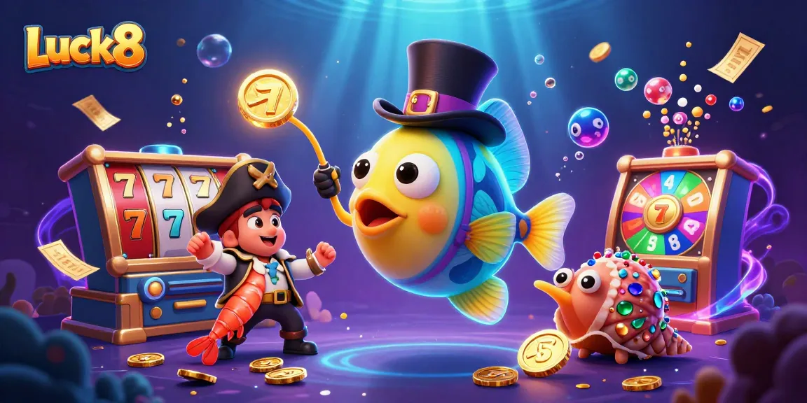 Luck8's vibrant casino scene with deep-sea characters attracting golden jackpots and spinning colorful slots