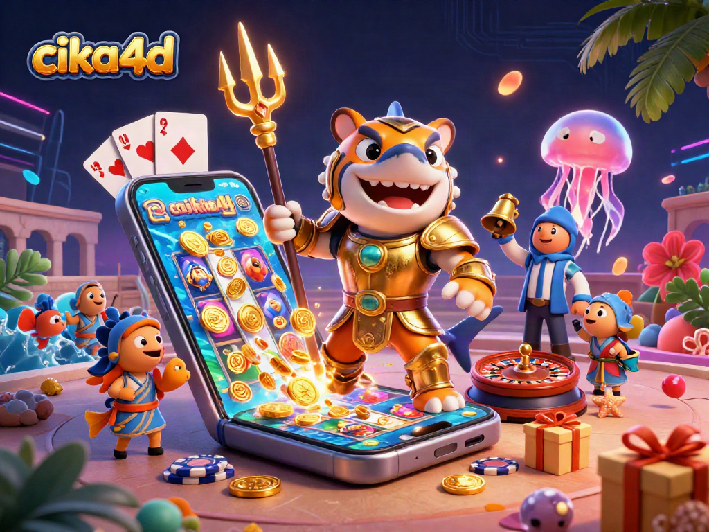 Engage with cika4d in this dynamic underwater casino scene featuring a tiger shark and fun gaming elements.