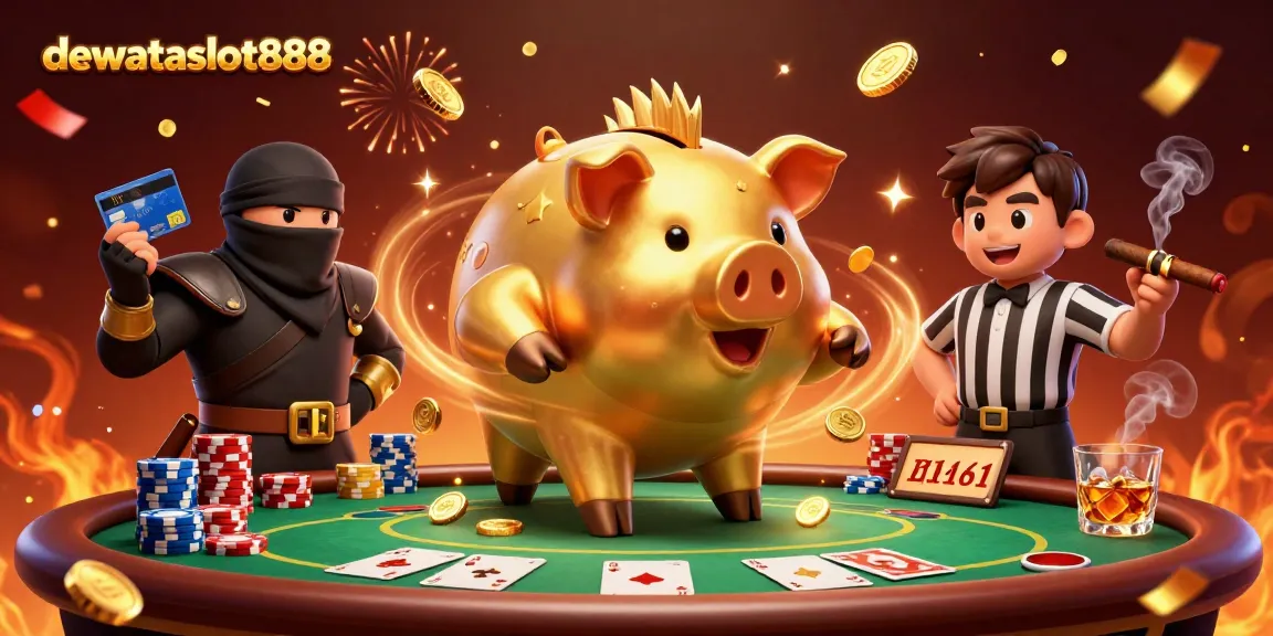 Gambarkan akses efisien dewataslot888 dengan piggy bank emas dan elemen kasino yang menarik.