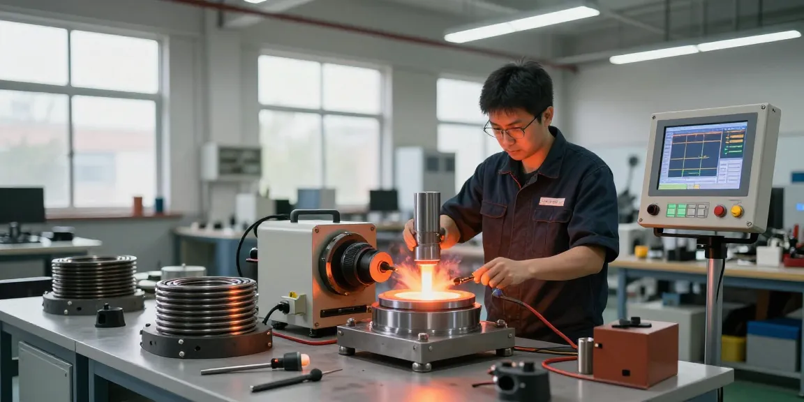 Technician using an induction heater for precise metal treatment in an industrial workshop.