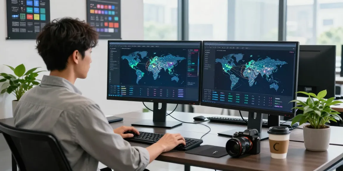 快连 network optimization dashboard in a modern tech workspace with dual monitors and a productive atmosphere.