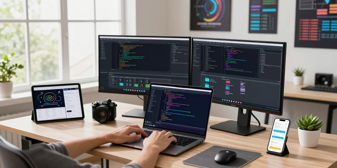 Workstation for software development at teiegramin.com, featuring vibrant coding displays and tech gadgets.
