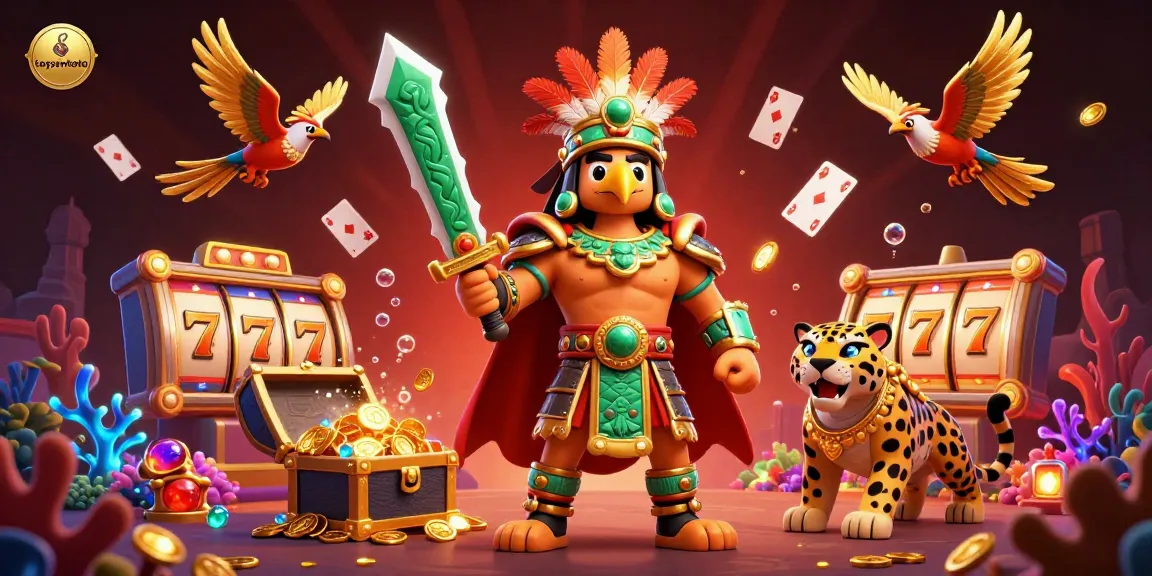 Unleash excitement with taysentoto gameplay as the Aztec warrior and jaguar battle for riches in a vibrant casino scene.