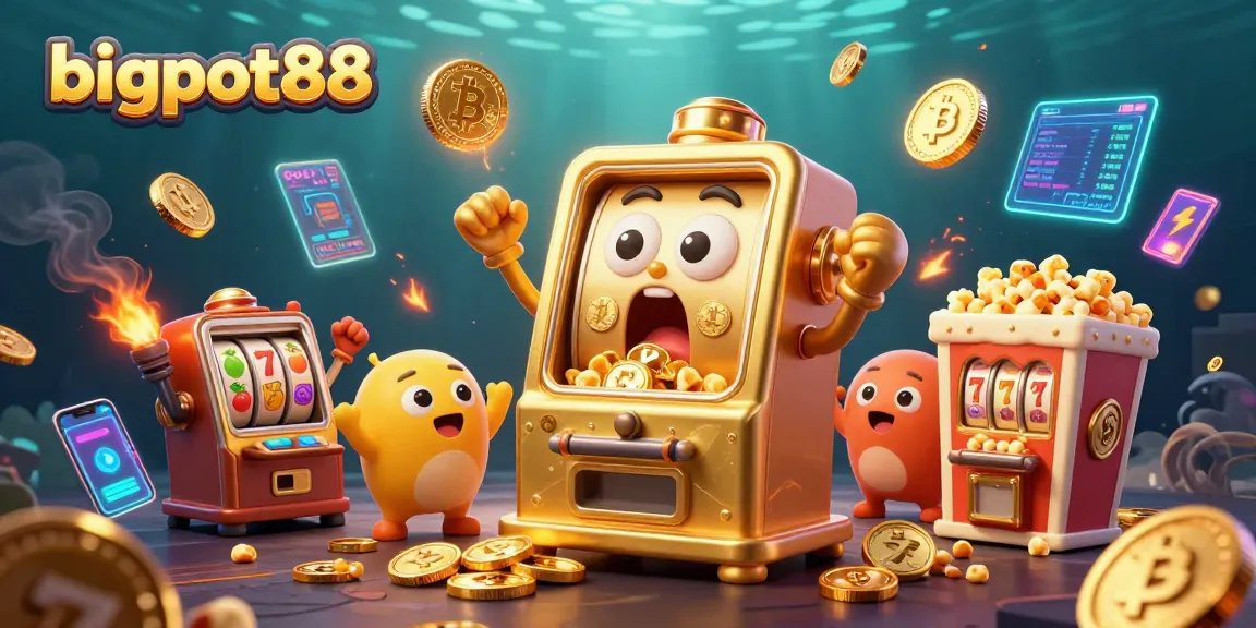 Experience the thrill of bigpot88 as a joyful golden slot machine hits the jackpot with cheering mini slots and gold coins flying.
