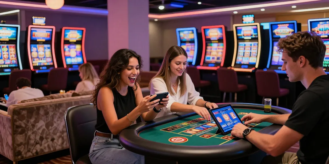 Online casinos Australia: diverse players enjoying gaming at modern casino lounge with vibrant decor and immersive atmosphere