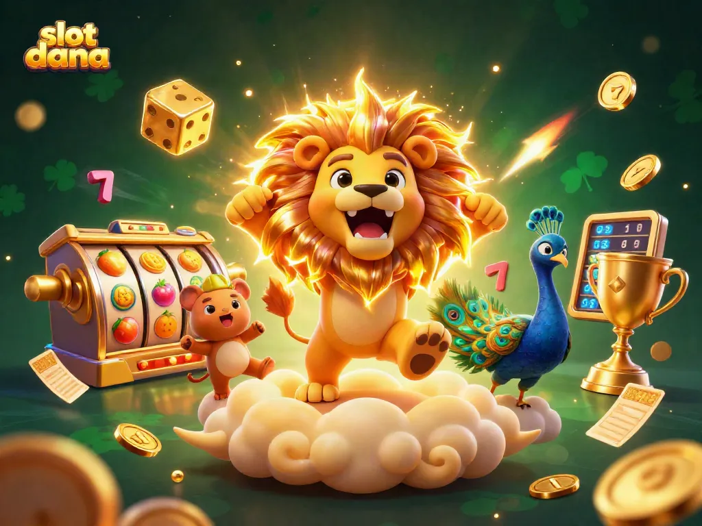Slot dana membawa keberuntungan dengan jackpot berkilauan dan karakter ceria dalam permainan slot.