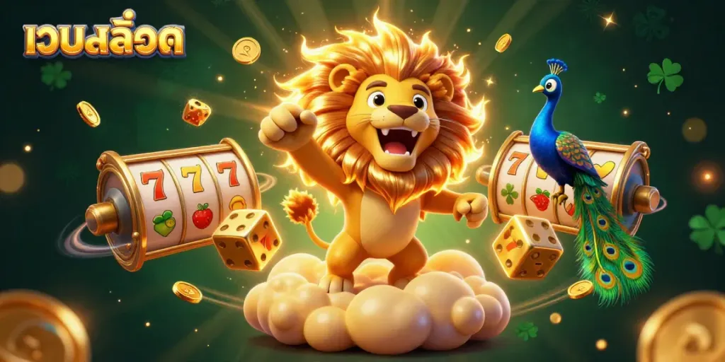 Spin the reels of เว็บสล็อต in a vibrant 3D casino illustration showcasing lucky symbols and rich details.