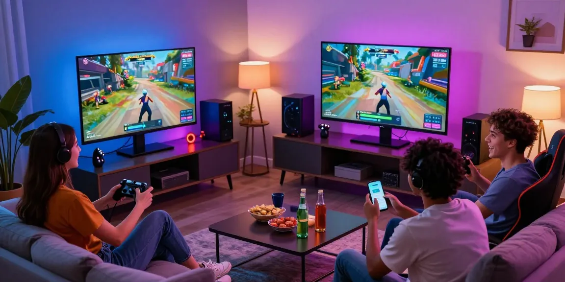 Engaging scene of friends enjoying an interactive gaming session at home, showcasing popular 토토사이트 elements with modern decor.