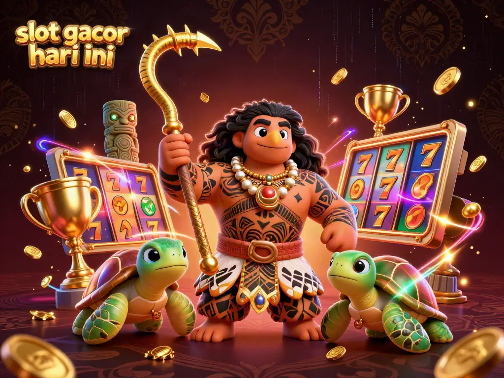 Slot gacor hari ini, ilustrasi animasi 3D menunjukkan dewa Maui dengan simbol keberuntungan dalam nuansa kasino.