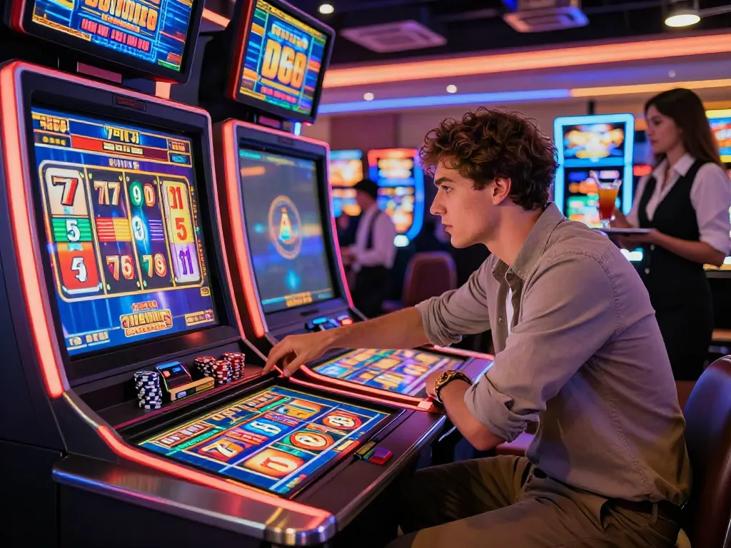 Seorang pemain slot777 yang antusias di kasino modern, dikelilingi cahaya neon dan tumpukan chip.
