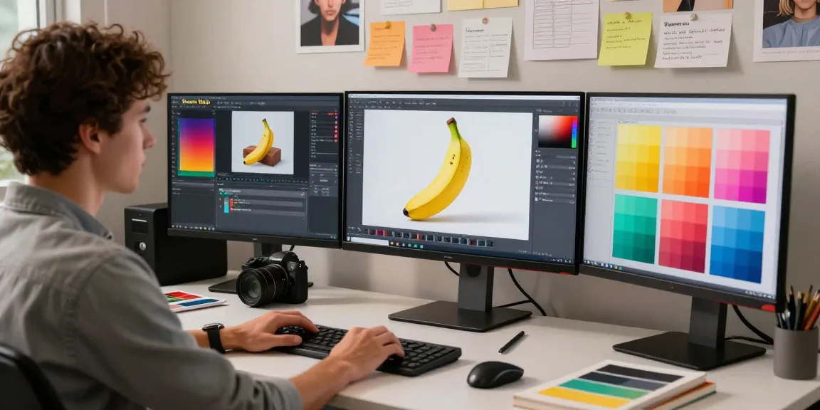 Graphic designer using nano banana 2 AI to generate stunning visuals in a modern creative workspace.