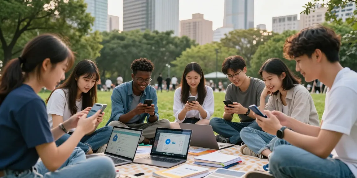 Group discussing telegram china help using technology in a park.