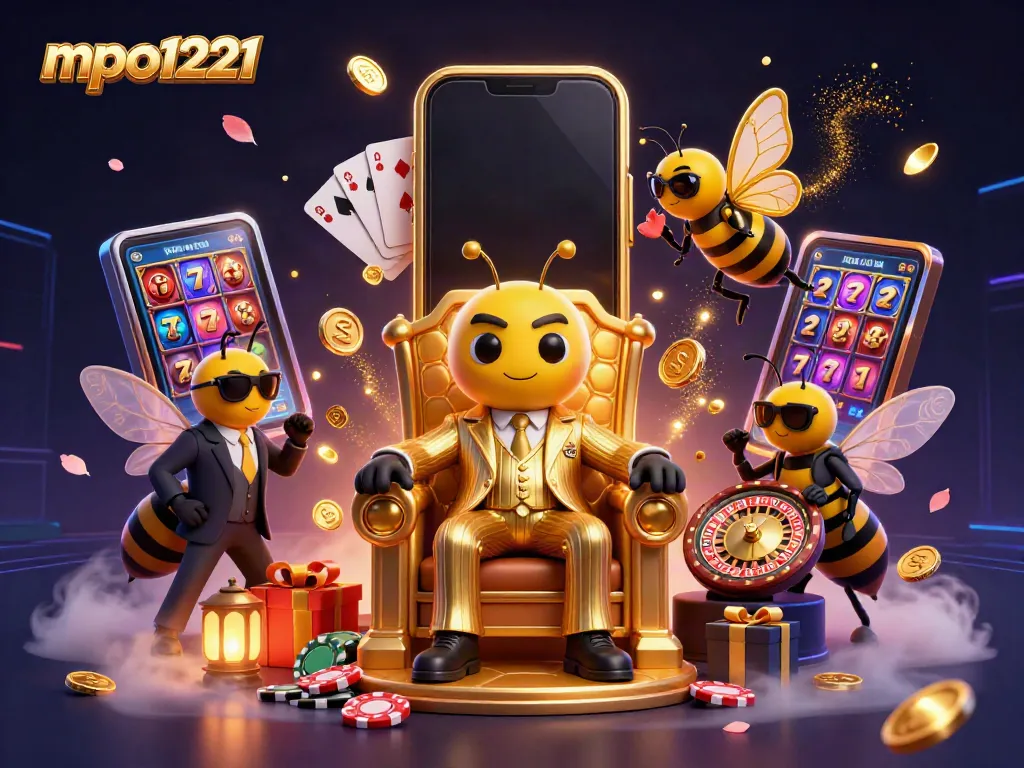 Experience excitement with mpo1221 as dazzling golden coins and slot games illuminate a vibrant scene.