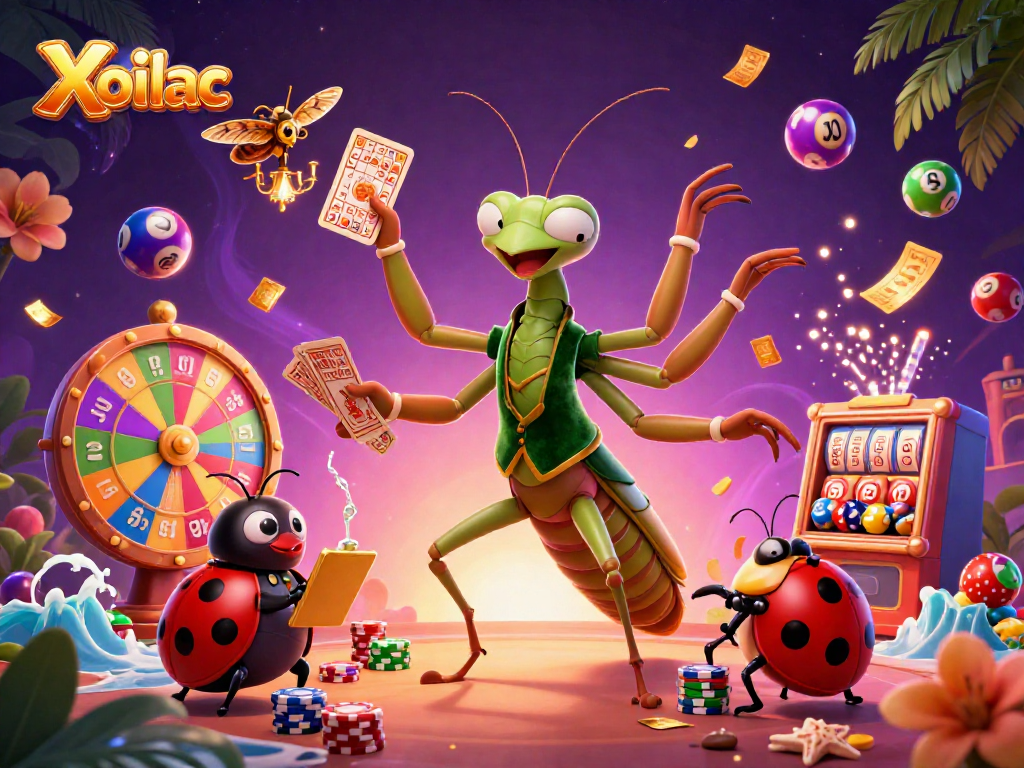 Xoilac players enjoying vibrant lottery action with dynamic elements in a colorful casino scene.