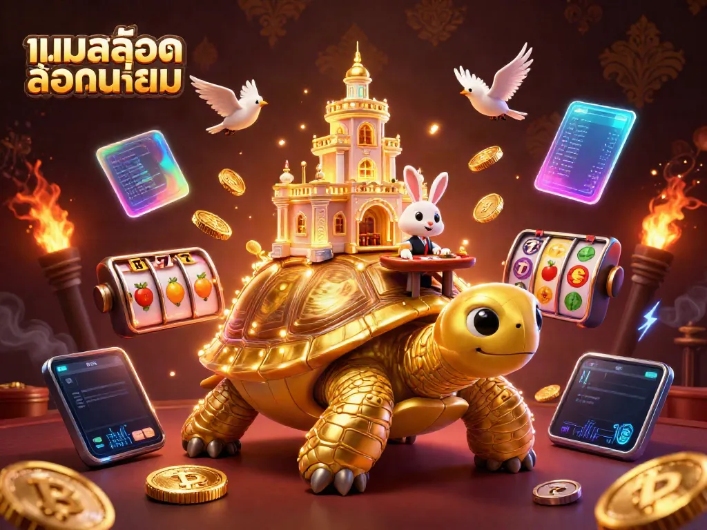 Experience the thrill of เกมสล็อตยอดนิยม with a vibrant 3D casino scene featuring a golden tortoise and an energetic rabbit dealer.