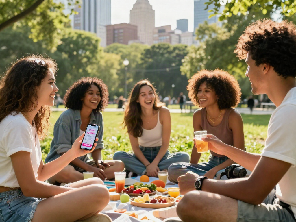 Group of friends engaging with an attractive test app in a city park