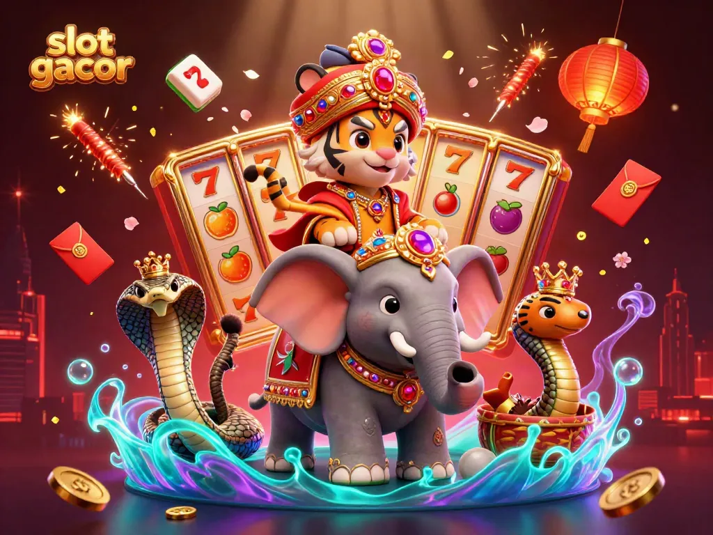 Experience slot gacor excitement with a vibrant 3D illustration featuring a maharaja tiger and his companions.