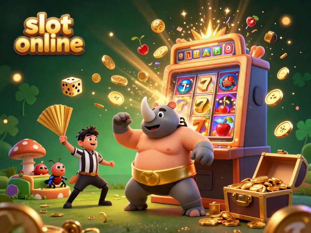 Experience the excitement of slot online gaming with a colorful illustration featuring dynamic characters and casino elements.