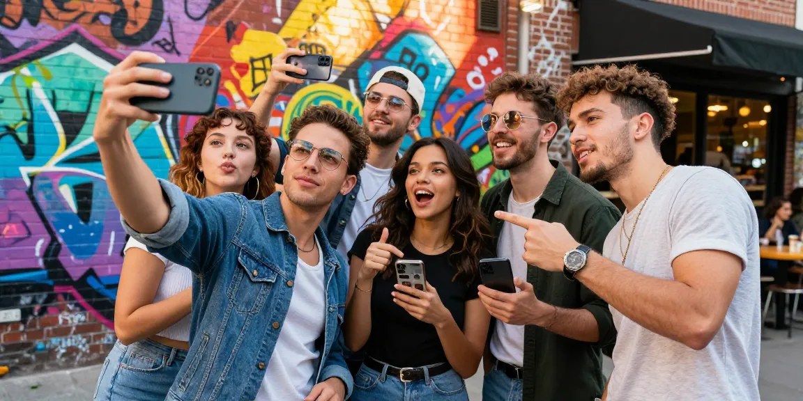 Group of friends discovering look alikes of famous people in an urban setting